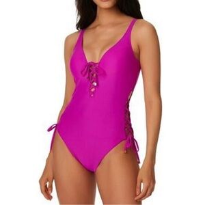 Bar III Women's Neon Orchid Summer Solids Lace Up One-Piece Swimsuit Size S NWT